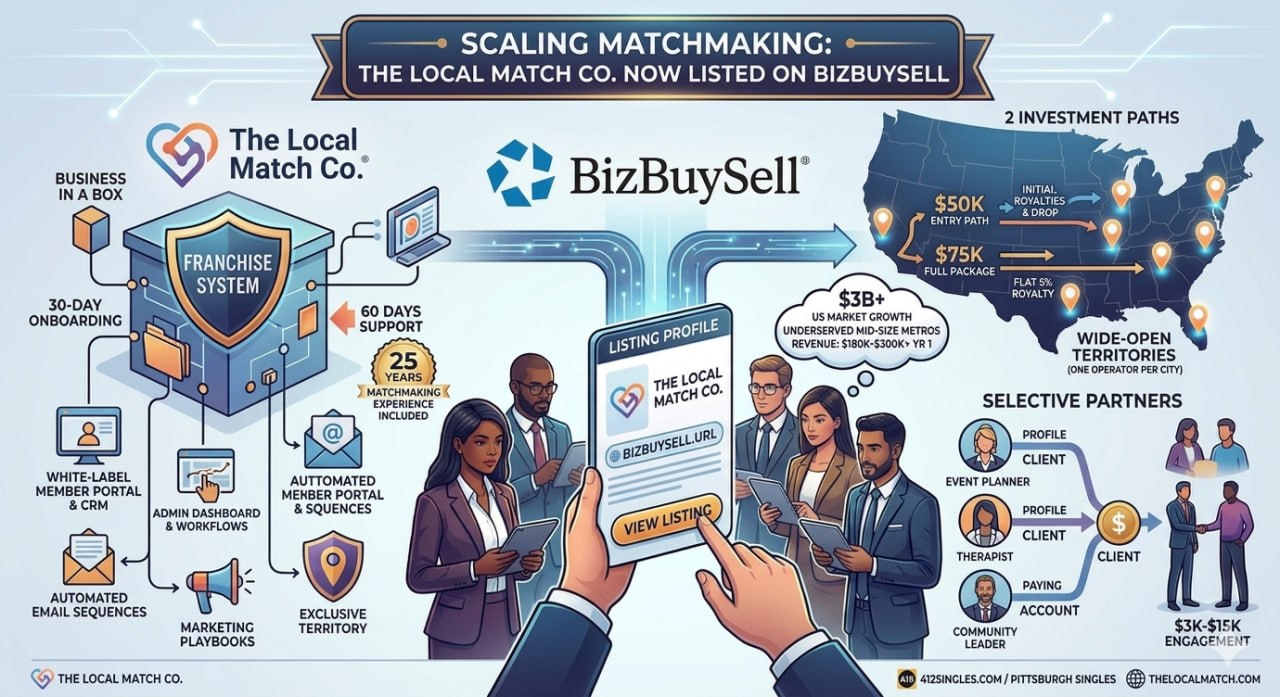The Local Match Co. franchise infographic — investment paths, revenue potential, and what's included